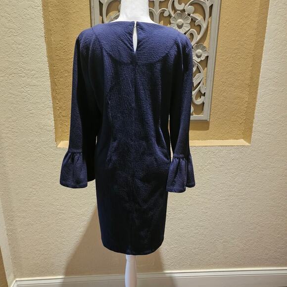 J.Crew Dress Medium Navy Ruffled Bell Sleeve Shift Sheath Classic Work Cocktail - Picture 4 of 11